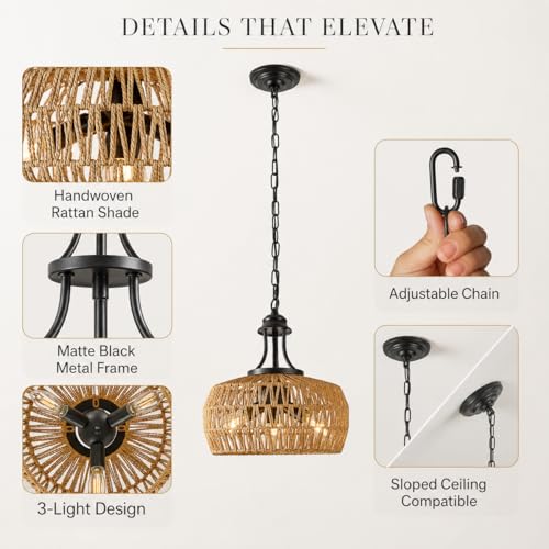 12.6 Inch Farmhouse Boho Chandelier for Dining Room, 3-Light Rattan Chandelier with Woven Lampshade, Adjustable Height Coastal Pendant Lighting for Kitchen Bedroom Island Hallway - color: Brown, size: 3-Lights 12.6 in