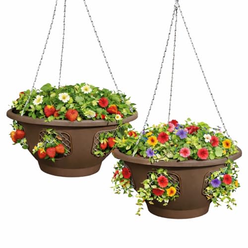 Ultimate Hanging Baskets - Strawberry, Tomato, Flower, and Herb Outdoor Planters - Use Garden Pots for Growing Plants Outside On A Deck, Fence, or Balcony (Mocha 2pk) - color: Mocha