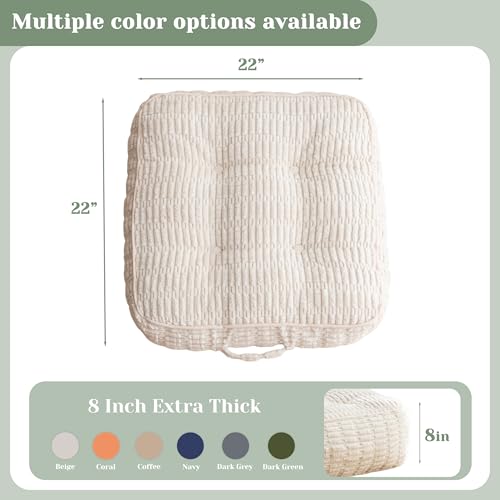 HIGOGOGO 8" Floor Pillow Cushion for Adults, Meditation Cushion Pillow, Blended Corduroy Cover, Large Square Floor Sitting for Tatami Living Room or Yoga, 2Pack, Beige - color: Square Beige, size: 8" Thick(Pack of 2)
