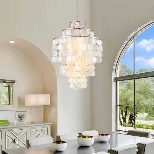 Capiz Shell Chandelier,18" Gold Coastal Chandelier Light Fixture with 4 Lights Capiz Seashell Pendant for Living Room Foyer Kitchen Island Entryway Dining Room Bedroom,LED Bulb Included - size: 18 inch