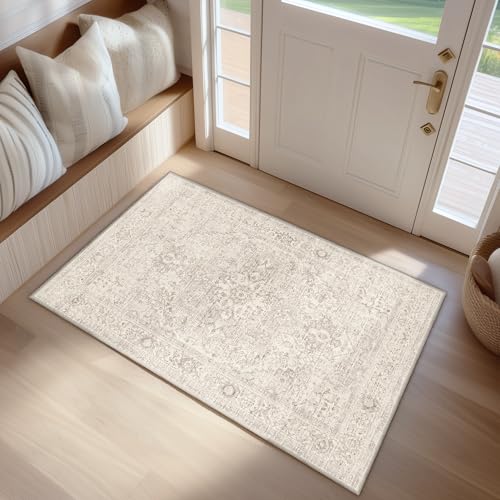 FMFUNCTEX Entryway Rug 2x3 Washable Beige Vintage Distressed Oriental Door Mat Non Slip Low Pile Indoor Carpet Soft Retro Small Throw Area Rugs for Entry Way Entrance Bedroom Kitchen Bathroom Laundry - color: Beige, size: 2' x 3' (Rectangular)
