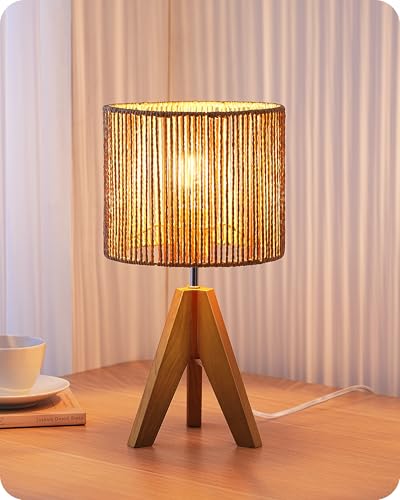 EDISHINE Small Rattan Table Lamp, Wood Tripod Bedside Lamp, Boho Nightstand Lamp for Living Room, End Table, Office, E26 Base, Natural Style - style: Vertical Stripes