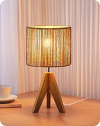 EDISHINE Small Rattan Table Lamp, Wood Tripod Bedside Lamp, Boho Nightstand Lamp for Living Room, End Table, Office, E26 Base, Natural Style - style: Vertical Stripes