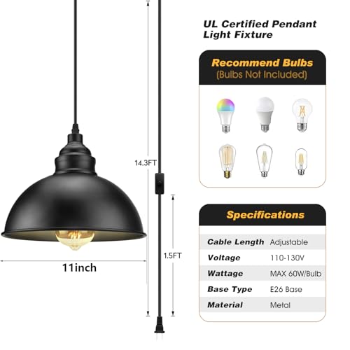 Plug in Pendant Light, 15FT Hanging Lights with Plug in Cord, On/Off Switch, Industrial Pendant Light with Plug in Cord, Metal Hanging Lamps for Living Room, Kitchen, Dining Room-Large Black - color: Large black