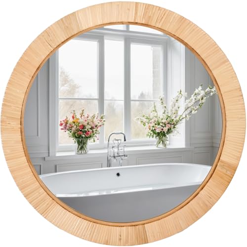 FUIN 20" Boho Round Rattan Mirror – Handwoven Wicker Wall Mirror for Nursery, Farmhouse & Coastal Décor - color: Rattan, size: 20"L x 20"W