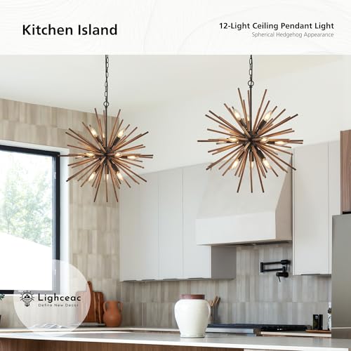 23.6" Farmhouse Sputnik Chandelier for Dining Room Rustic Handmade Natural Wood 12-Light Hanging Ceiling Pendant Light Fixture Starburst Wood Chandeliers for Kitchen Bedroom Foyer Hallway - size: Diameter 23.6", 12-Light