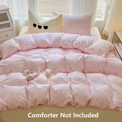 Nanko Pink Gingham Duvet Cover Queen Size, 3 pc Paid Checked Grid Heart Pattern Printed Microfiber Bedding Comforter Cover Set, All Season Soft Geometric Quilt Cover for Girl Bed Decor 90x90 inch - color: Cover(no Comforter)-pink Plaid, size: Queen