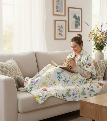 Aipon Floral Throw Blanket for Women, 50 x 60 Inch Purple Small Flower Botanical Patterned Throw Blanket Gifts for Women, Cozy Soft Plush Fuzzy Throw Blankets for Couch Bed - color: White Flowers, size: 50.00'' × 60.00''