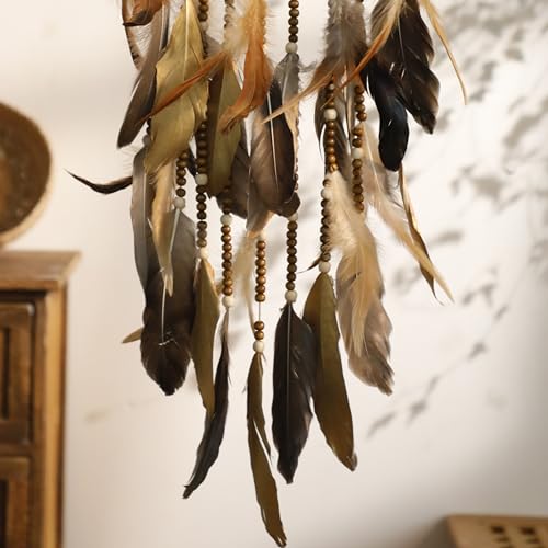 Dream Catcher Native American Boho Dreamcatcher Rattan Wall Decor, Handmade Natural Goose Feathers Brown Golden Beaded Hanging Ornament Indian Decor for Bedroom Living Room (Dark Brown) - color: Dark Brown