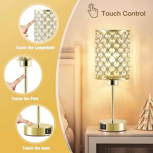 GyroVu Crystal Table Lamp, Gold Touch Lamp for Nightstand with USB C+A Ports, Dimmable Lamp with Crystal Shade, Bedside Lamp Small Lamp for Bedroom, Living Room(Buld Included) - color: Gold, size: 14.75"