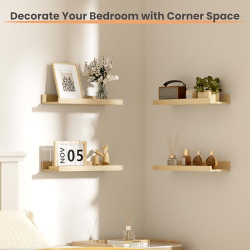 upsimples Floating Shelves for Wall, Wall Shelves for Decor Storage Set of 6, Wall Mounted Wood Shelf for Bedroom, Living Room, Bathroom, Kitchen, Picture Ledge Shelves, Natural - color: Natural, size: 15.7in