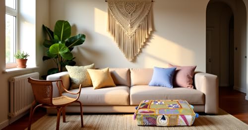 CRAFT KALA Indian Square Patchwork Traditional Pouf Cover Indian Living Room Poufs Decorative Embroidered Designer Ottoman Home Living Footstool Chair Cover Decor Pillow Cover 18x18x5 inches, Yellow - color: Yellow, size: 18"D x 18"W x 5"H