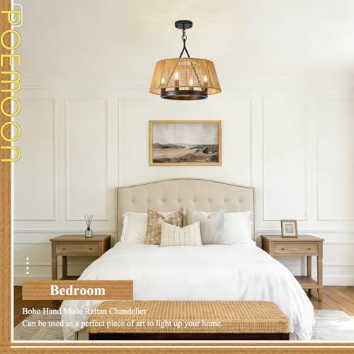 Farmhouse Boho Woven Chandeliers 18’’ Hand Rattan Ceiling Pendant Light 4-Light Chandelier Lighting Fixture for Dining Room, Hallway, Entryway, Kitchen,Bedroom, E12 - size: Trapezoid-17.7''-I