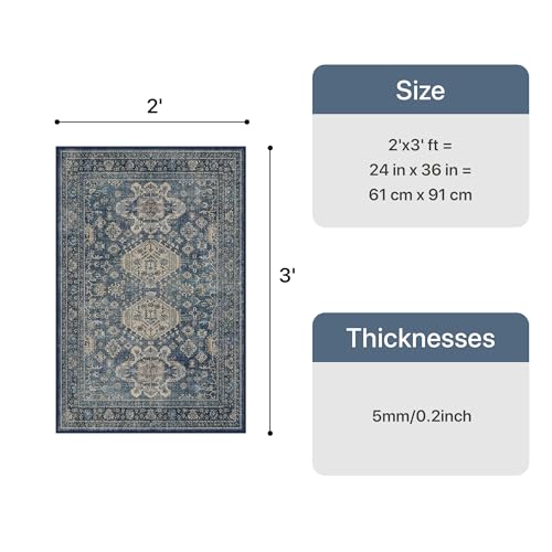 Bavni Washable Entry Rug 2x3, Non Slip Door Mat for Entryway or Kitchen, Vintage Print Low Pile Ultra Thin Indoor Rug, Blue - color: Blue, size: 2' x 3' (Rectangular)