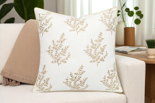 VAGMINE Embroidered Fern Botanical 18x18 Throw Pillow Cover - Ivory Cotton Square Cushion for Sofa Couch Bed - Cottagecore Farmhouse Home Decor - Leaves - color: Ivory-leaves, size: 18" x 18" (Pack of 1)