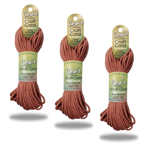 Cora's Cotton Macrame Cord | 2mm x 100ft 3-Pack | Braided Cotton Cord for Macrame | Macrame, DIY Crafts, Plant Hangers, Wall Hanging, Crochet | Durable, Long Lasting, Vibrant (Brick) - color: Brick