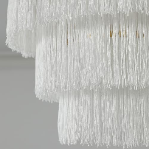 3-Tiered Boho Chandelier with Metal and White Fringe,3 Lights Fringe Pendant Light Fixture,Tassle Chandelier for entryway,Dining Room,Baby Nursery,Gold and White - color: 3-Tiered-White