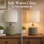 Ceramic Table Lamp, Oliver Green, 17.75" | Beige Linen Shade, Warm Ambient Lighting, Bedside Nightstand, Natural - color: Green