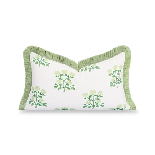 Hofdeco Premium Grandmillennial Coastal Hampton Patio Indoor Outdoor Lumbar Pillow Cover Only, 12"x20" Water Repellent for Backyard, Couch, Poolside, Grass Green Print Hydrangea Flowers - color: Grass Green Hydrangea Flowers 12"x20"