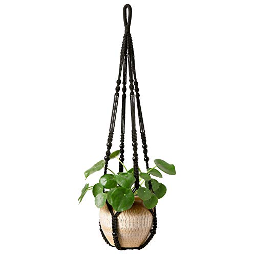 Mkono Macrame Plant Hanger Indoor Hanging Planter Basket with Wood Beads Decorative Flower Pot Holder No Tassels for Indoor Outdoor Boho Home Decor 35 Inch, Black, Set of 1 (POTS NOT Included) - color: Black
