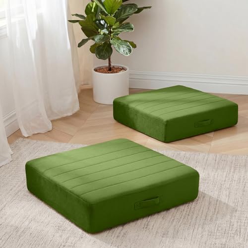 MeMoreCool Square Floor Pillows for Adults Kids, 2 Sets Large Meditation Cushion with 5" Thick Foam and Washable Tufted Cover, 24 Inch Green Seat Floor Cushions for Sitting and Yoga - color: Forest Green, size: 24 Inch