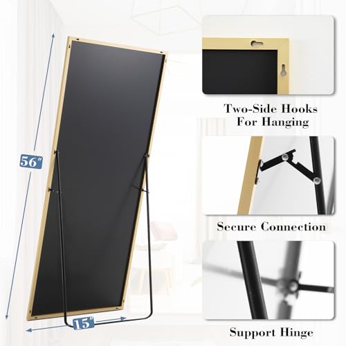 DUMOS Full Length Mirror with Stand, 56"x15" Floor Mirror with Aluminum Alloy Frame for Bedroom, Standing Full Body Mirrors with Shatter-proorf Nano Glass for wall, Living Room, Cloakroom, Gold - color: Gold-rect Edge, size: 56"L x 15"W