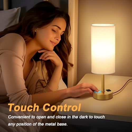 Dicoool Elegant Gold Touch Table Lamp, Modern Wedding Gift for Couples, Bedside Lamps with USB-C USB-A Charging Ports, 3 Way Dimmable Small Lamp for Office, Living Room, Bathroom - color: White-Gold, size: 14in