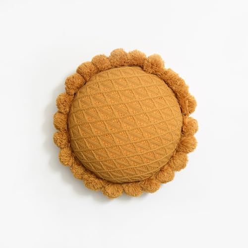 Acrylic Knitted Round Throw Pillow Knitting Bohemian Circular Cushion Pillow with Knit Handmade Pompoms Decorative Warm Orange, Diameter 18inches - color: Warm Orange