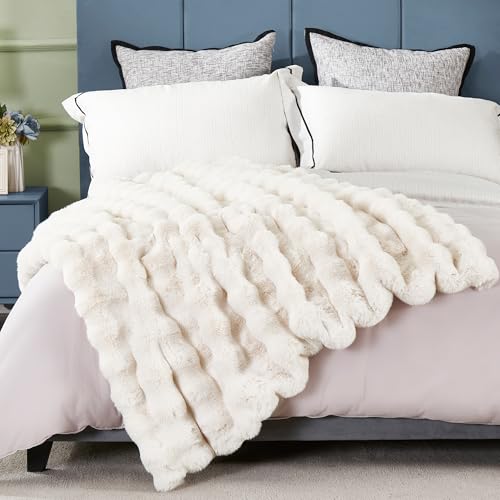 JONIYEAR Extra Large Soft Fuzzy Bubble Faux Rabbit Fur Bed Blanket Full Size 70" x 80", Decorative Big Thick Warm Fluffy Blanket for Winter, Luxury Cute Cozy Shaggy Comfy Furry Blankets, Cream White - color: Cream White - 900gsm, size: Full Size - 70" x 8