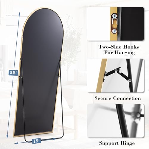 DUMOS 58"x19" Arched Full Length Mirror with Stand, Floor Standing Aluminum Frame, Shatter-Proof Nano Glass for Bedroom, Living Room, Cloakroom – Modern Simple Home Decor,Hanging or Leaning,Gold - color: Gold-rounded, size: 58"L x 19"W
