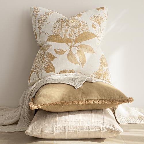 Foindtower Set of 2 Linen Floral Vintage Throw Pillow Covers Neutral Accent Print Decorative Cozy Cushion Covers Farmhouse Home Decor for Sofa Chair Couch Bed Living Room,18×18 Inch,Light Yellow - color: Light Yellow, size: 18" x 18" (Pack of 2)