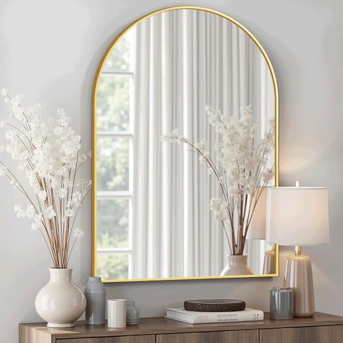 Arched Bathroom Mirror for Wall, 30" x 20" Gold Metal Frame Vanity Mirror, HD Glass Over Sink for Bathroom, Entryway, Bedroom - color: Gold, size: 30"L x 20"W