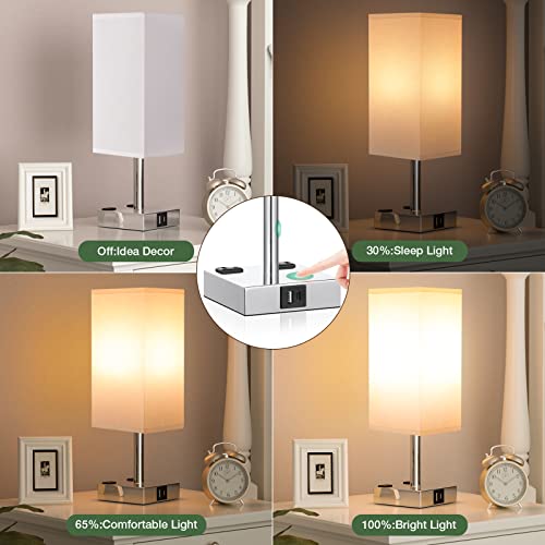 aooshine Set of 2 Touch Nightstand Lamp with USB-C+A Charge Ports& AC Outlets, 3-Way Dimmable Bedside Lamp with White Fabric Shade,Small Table Lamp for Bedroom Guest Room(Bulb Included) - color: White-Silver