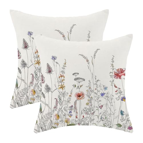 AEIOAE Spring Pillow Covers 16x16 Inch Set of 2, Black Wild Flower Throw Pillows Case,Colorful Seasonal Floral Plant Outdoor Decorative Farmhouse Decor Cushion Covers for Home Sofa Bed Couch - color: Black Flowers, size: 16" x 16" (Pack of 2)