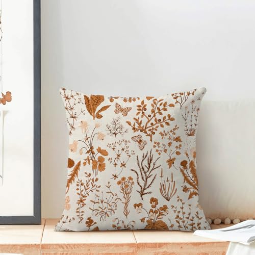 AEIOAE Fall Pillow Covers 16x16 Inch Set of 2,Burnt Orange Wild Flower Plant Throw Pillows Case,Seasonal Floral Outdoor Decorative Square Linen Farmhouse Decor Cushion Covers for Home Sofa Bed Couch - color: Burnt Orange Wild Floral, size: 16" x 16" (Pack