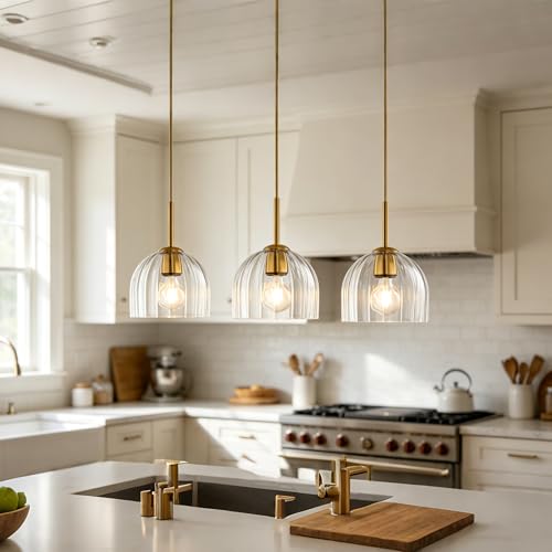 Modern Pendant Light Kitchen Island, Nordic Boho Dome Chandelier, 7.86" Bell Lamp Shape Hanging Ceiling Lighting Fixture with Clear Striped Glass Lampshade Dining Room - color: Clear, size: 20CM