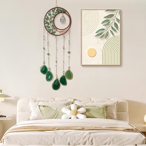Green Moon Crystal Tree of Life Dream Catcher with Agate Pendant | Handmade, Wall Decor, Wall Hanging Ornament, Bedroom Living Room Home Decor