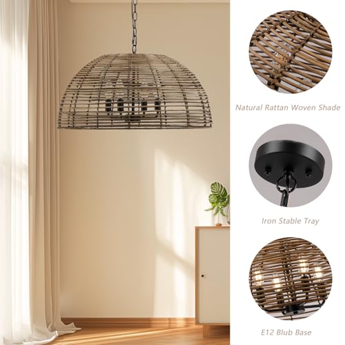 OCIOC Rattan Pendant Lighting, 23.6" Kitchen Island Hanging Light Fixtures,Large Boho Hand-Woven Chanderlier, E26 Farmhouse Retro Ceiling Chandelier 4-Lights For Dining Room Kitchen Island Living Room - size: 23.6" 4-Light