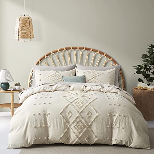 Oli Anderson Tufted Duvet Cover Queen Size, Soft and Lightweight Duvet Covers Set for All Seasons, 3 Pieces Boho Embroidery Shabby Chic Bedding Set (Beige, Queen, 90" x 90") - color: Beige, size: Full/Queen(90"×90")