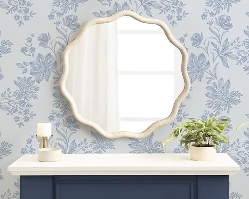 Kate and Laurel Rahfy Boho Scalloped Round Rattan Mirror, 32 Inch Diameter, White, Decorative Round Wavy Mirror with Authentic Rattan Frame for Boho Wall Decor