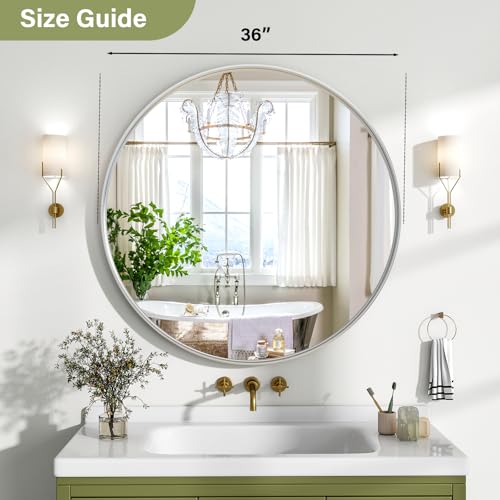 36 Inch Round Bathroom Mirror - Wall Mounted Circle Mirror with Metal Frame, Modern Mirror Suitable for Bathroom, Vanity, Entryway, Living Room, Wall Decor,Silver - color: Silver, size: 36"L x 36"W