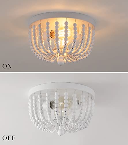 Q&S White Flush Mount Ceiling Light Fixtures,2-Lights Wood Beaded Boho Chandeliers for Nursery Baby Kid's Room Bedroom Dining Room Living Room Kitchen Hallway W11.81 - color: Ceiling-2WH