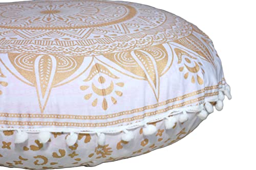 Round Mandala Floor Pillow Cover Seating Cushion Throw Cover Hippie Decorative Bohemian Ottoman Pouf Cover, Pom Pom Pillow Cases,Boho Indian 22 Inches (Gold trishol) - color: Gold Trishol