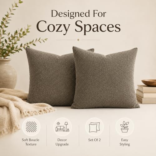 JoraLion 16x16 inch Boucle Throw Pillow Covers, Brown Woven Texture Neutral Pillow Cover Breathable Cushion Case for Couch Sofa Bed Living Room Home Decor, Pack of 2, No Insert - color: Brown, size: 16" x 16" (Pack of 2)