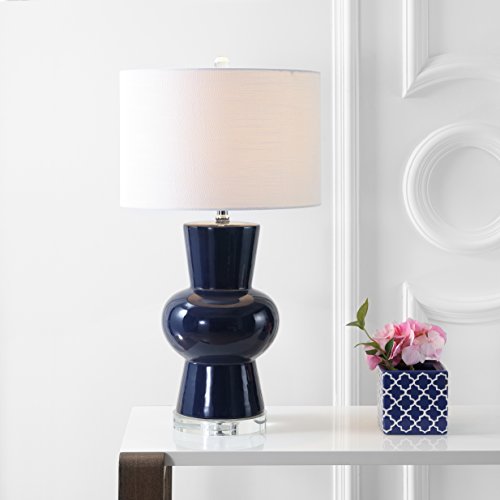 JONATHAN Y 28.5" Navy Ceramic Table Lamp for Living Room Bedroom Nightstand, Modern Hourglass LED Bedside Lamp with Crystal Base and Linen Shade (JYL4027B) - color: Navy