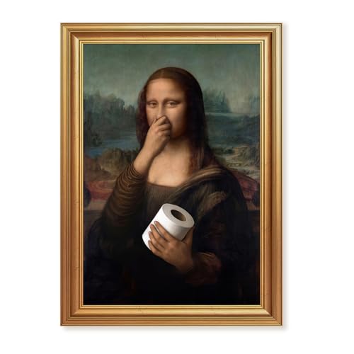 ICHZUMW Gold Framed Funny Mona Lisa Toilet Paper Canvas Wall Art, Quirky Humorous Parody Painting Wall Decor, Ready to Hang for Bathroom Restroom Powder Room, 16x24in - color: Funny Mona Lisa, size: 24"L x 16"W