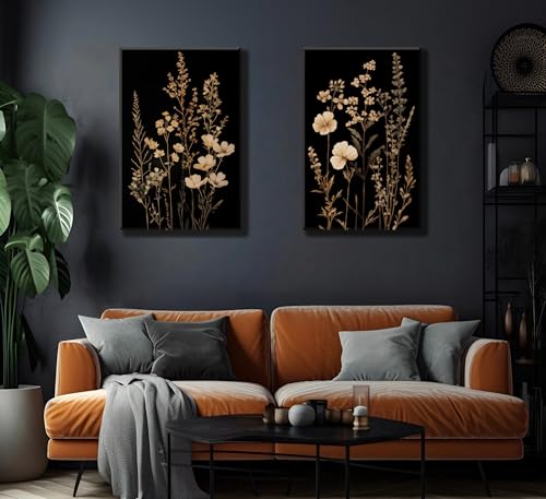 2Psc Dark Botanical Wall Art Vintage Black Flower Painting Picture Wall Decor Moody Flower Poster Print Artwork for Living Room Bedroom or Office Home Decoration 16x24 Inch - color: Retro Flowers 7, size: 24"L x 16"W