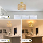 Rattan Ceiling Light Fixture, Boho Farmhouse 3-Lights Semi Flush Mount Ceiling Lamp with Hand-Woven Cage LampShade, Rustic Modern Gold Chandelier for Bedroom Closet Hallway Kitchen Nursery