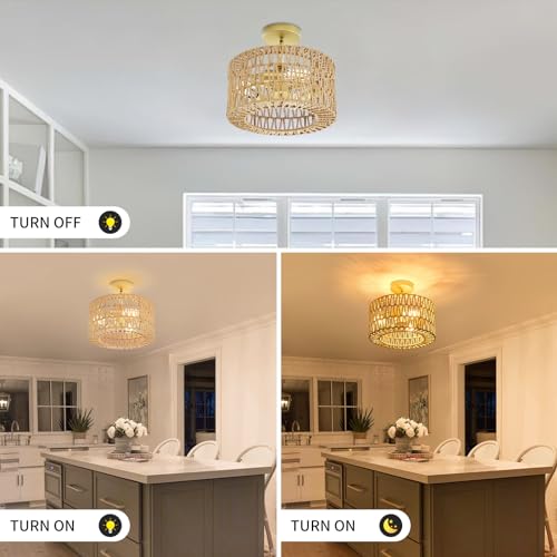 Rattan Ceiling Light Fixture, Boho Farmhouse 3-Lights Semi Flush Mount Ceiling Lamp with Hand-Woven Cage LampShade, Rustic Modern Gold Chandelier for Bedroom Closet Hallway Kitchen Nursery