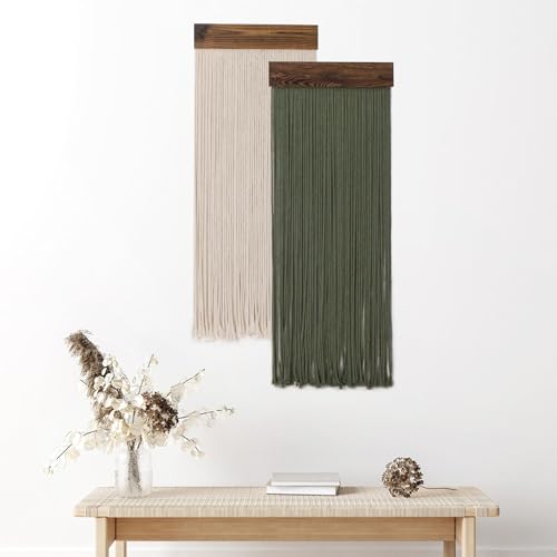 HVEST 2 Pcs Sage Green Wall Art Macrame Wall Hanging Boho Decor Green and Beige Handmade Woven Long Tapestry for Bedroom Living Room Nursery Home Apartment Headstock Wall Decor, 30.7L X 11.8 W inches - color: Green Beige